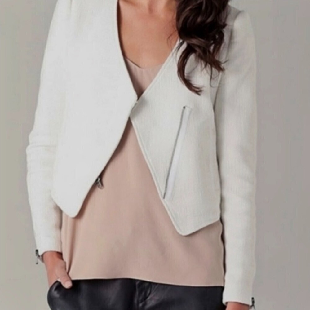 TIBI NY 100% Cotton Cropped Asymmetrical Knit Moto Jacket White 6 Quirt Luxury - Picture 2 of 16